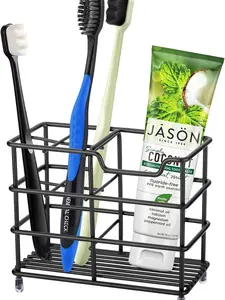 Stainless Steel Bathroom Toothbrush Holder Toothpaste Holder Stand Bathroom Accessories Organizer, Black