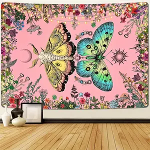 A pink boho floral design flower plant butterfly wall tapestry, Flower pattern tapestry, for bedroom, living room, home decor, peach velvet fabric, perfect for party decor and live stream backdrops