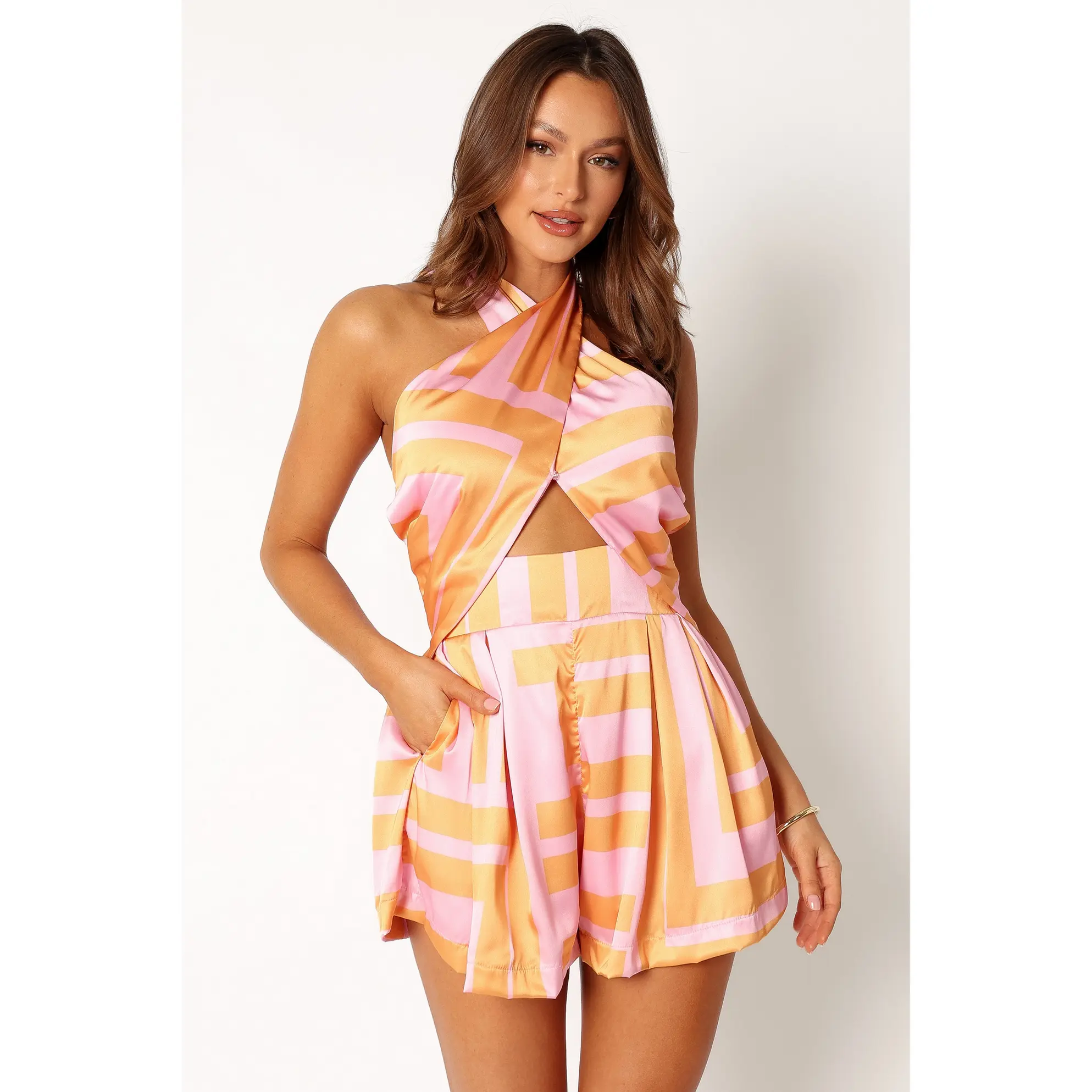 Primrose Halter Romper - Pink Orange