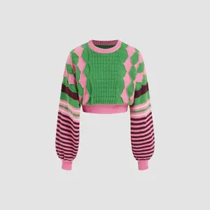 Cider [2 colors, size 0-10] Round Neckline Position Stripe Knitted Crop Sweater
