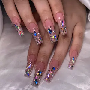 Glossy Sparkly Rhinestone Decor Glitter Base Iridescent Glitter French Tip Fake Nails with Nail File & Tape, 24pcs Long Square Press on Nails for Women & Girls DIY Nail Art, Elegant Stick on Nails Kit, Nail Kit Set