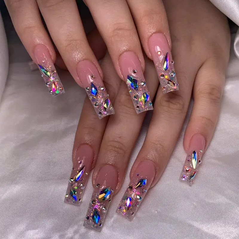 Glossy Sparkly Rhinestone Decor Glitter Base Iridescent Glitter French Tip Fake Nails with Nail File & Tape, Glittering Fake Nails, Decorative Nails, 24pcs Long Square Press on Nails for Women & Girls DIY Nail Art, Stick on Nails Kit, Nail Kit Set