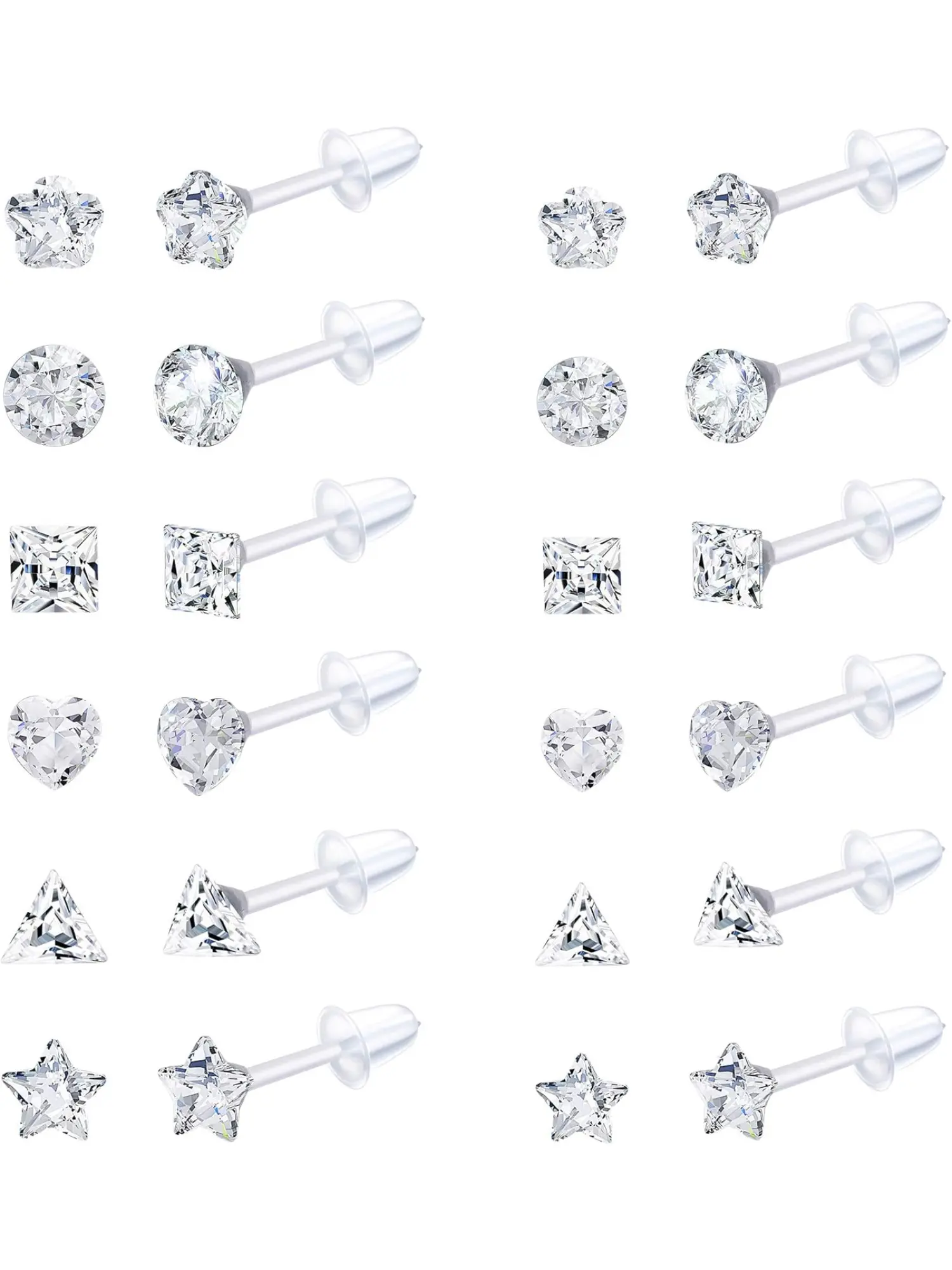 12Pairs Clear Plastic Stud Earrings for Women Acrylic Post Star Heart Rhinestone Ear Studs Piercing Retainers Earrings Set Sparkling Ear Jewelry