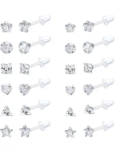 12Pairs Clear Plastic Stud Earrings for Women Acrylic Post Star Heart Rhinestone Ear Studs Piercing Retainers