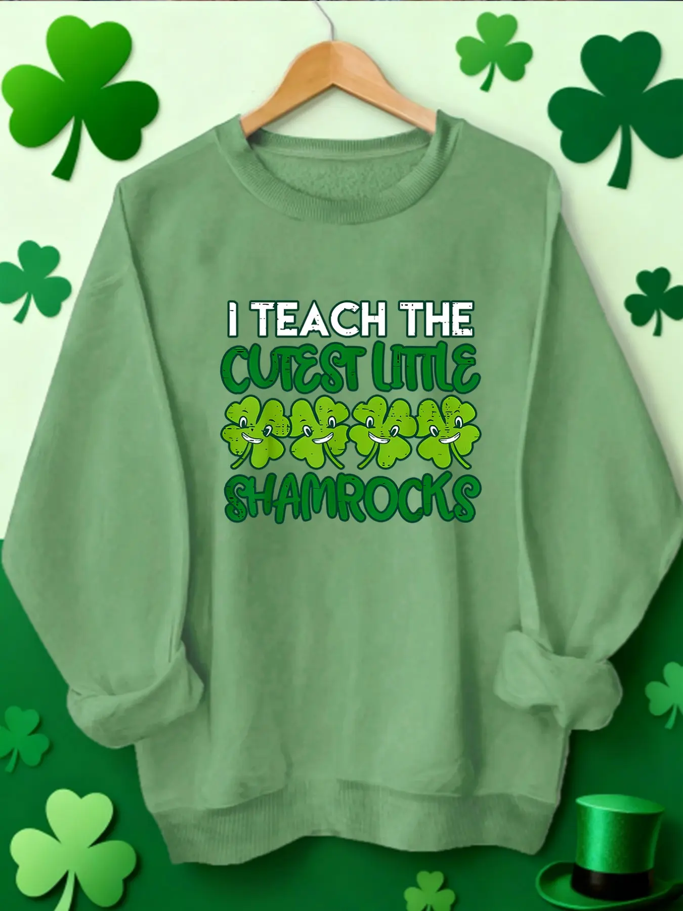 St Patricks Day Teacher Theme Fun Graphic Sweatshirt, Round Neck, I Teach Cutest Little Shamrocks Design, Casual Fitted Holiday Top for Women & Men