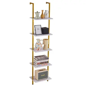 VEVOR Ladder Shelf, 5-Tier Bookshelf 15.6x11.8in, Open Wall-Mounted Ladder Shelf with Metal Frame, Storage Rack Sundries Holder for Kitchen Bedroom Bathroom Living Room, Gold White