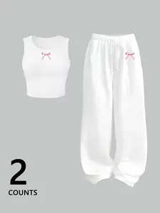 2-Pack Black & Pink Bow Coquette Set, Matching | Sleeveless Crop Top + Wide-Leg Pants – TikTok Aesthetic, Ruffled Texture, Sweet Bow Detail, Comfy, Relaxed Fitted, Perfect for #OOTD, #ChillDays, #Y2KRevival. Stylish for Brunch, Lazy Nights