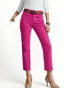 Women's Elegant Solid Color Slim Fit Mid-Thigh Jeans, hot pink pants for women,trouser jeans for women,Perfect for Office and Casual Wear, Classic Fashion Essential Style