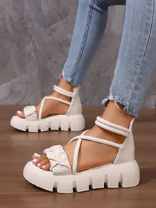 Ruched Cross Strap Thick Sole Roman Sandals, Back Zipper Platform Heel Elevating Sandals, Versatile Vacation Style Outdoor Casual Women's Shoes