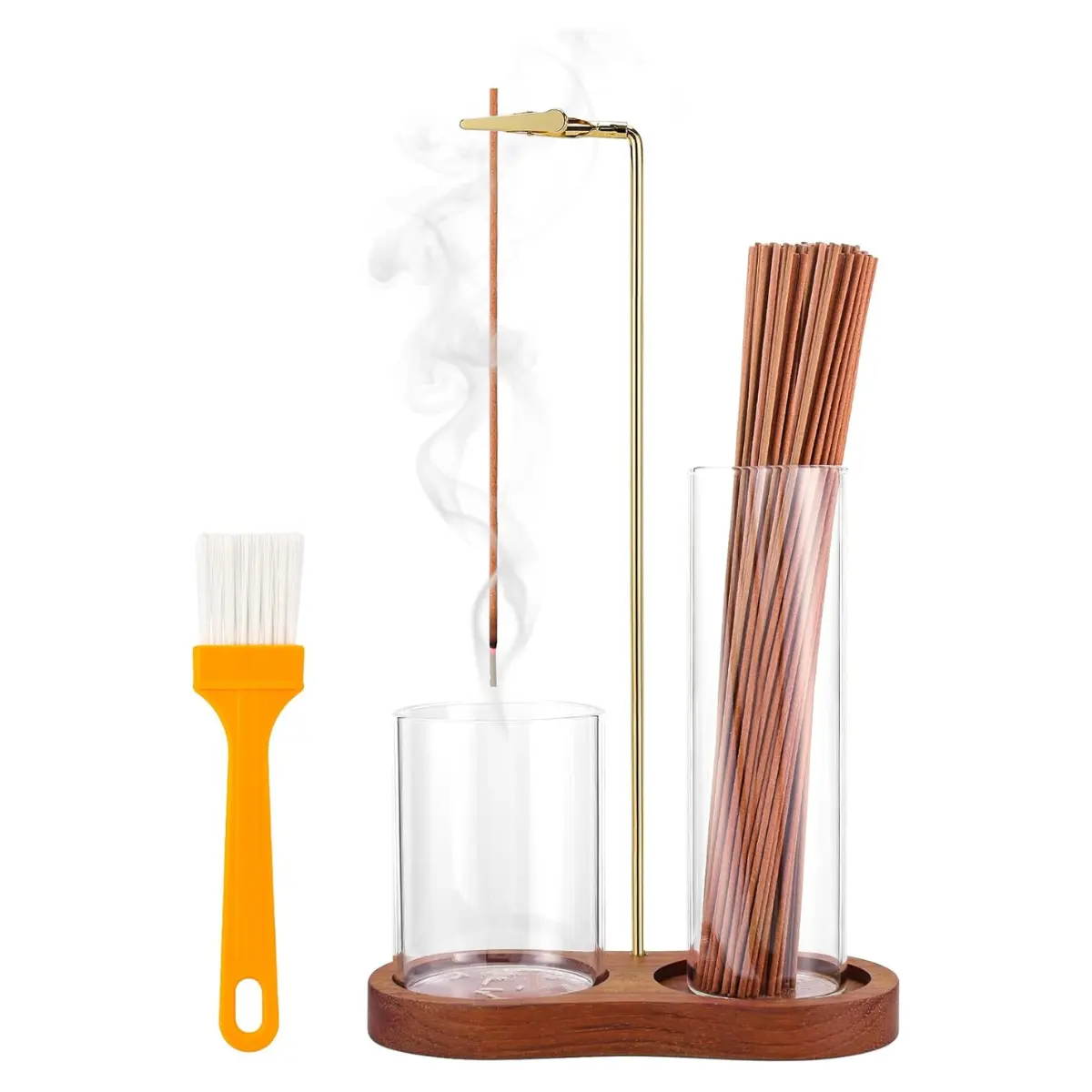 2-in-1 Incense Holder with Glass Ash Catcher for Incense Sticks, Reddish Brown