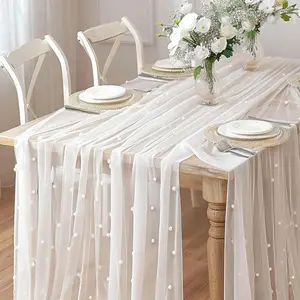 2m Faux Pearl Decorated Table Runner, 1 Count Exquisite Elegant Tablecloth, Table Decoration Supplies for Wedding Birthday Party