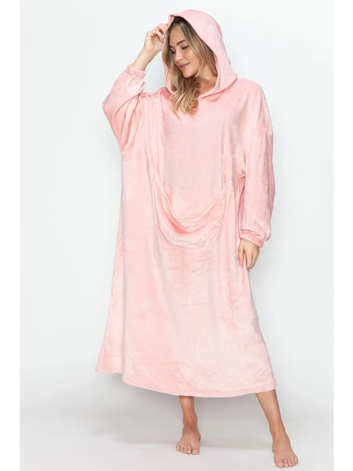 Women's Oversized Minimalist Lady Basic Loose Pocketed Hooded Midi Lounge Dress, Stretchy Pullover Loungewear, Cozy Homewear Pajama Nightwear Robe
