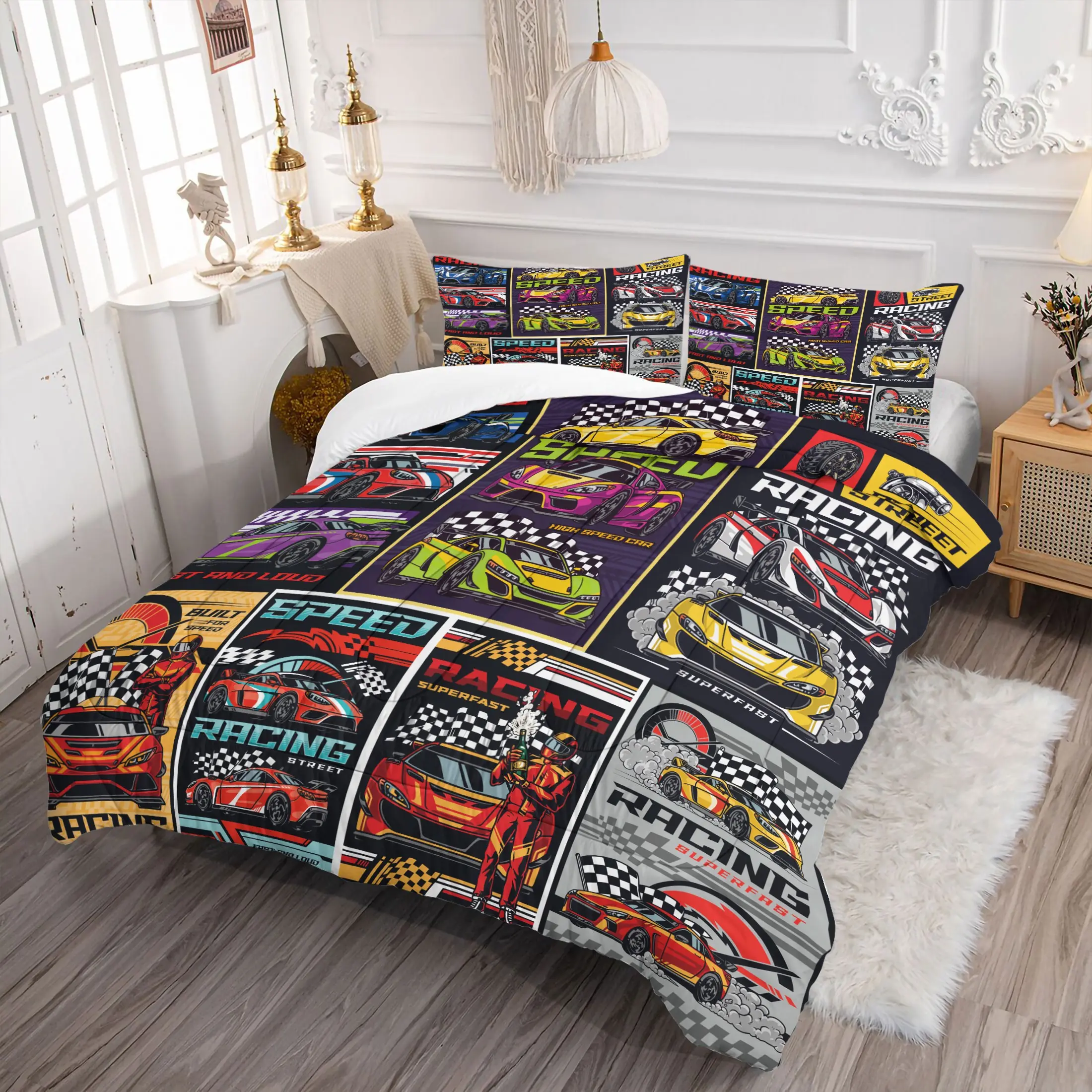 2/3Pcs Race Car Comforter Set for Boys Kids Teens - 3D Digital Print Racing Car Bedding Set, Ultra Soft Microfiber Comforter & Pillowcases, Black Sports Car Themed Bedding Set for Bedroom Decor - Without Pillow Insert