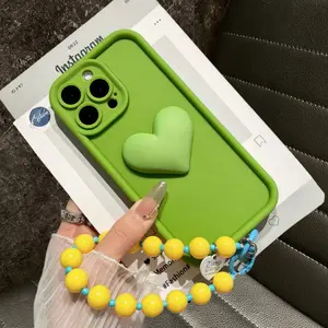 Style Heart Design iPhone Case with Colorful Beads Chain, Anti-Drop Soft Shell for iPhone 16/15/14/13/12/11/XS/XR/se, Trendy Wristband Option