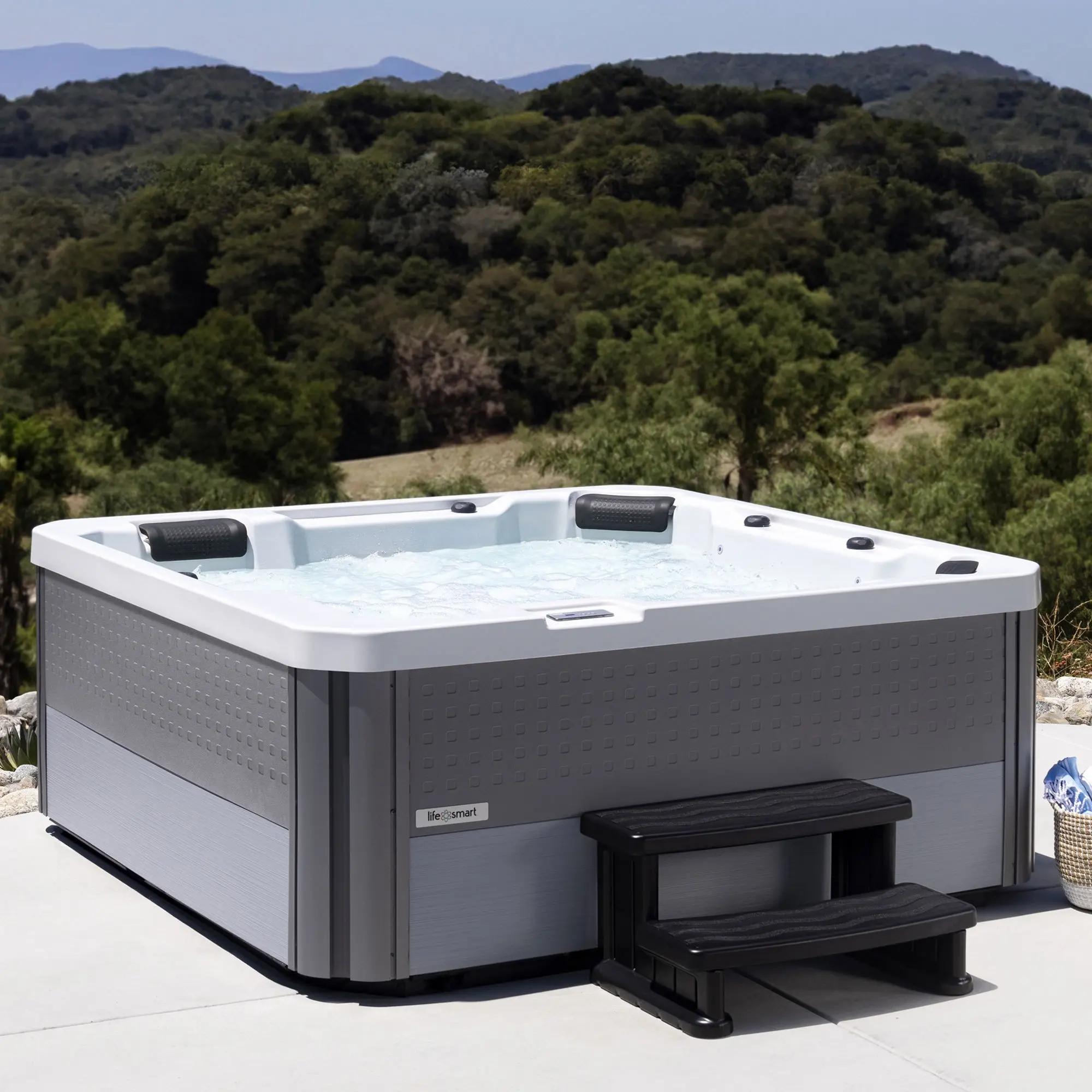 LifeSmart 4-Person Hot Tub – Outdoor Spa with 13 Jets, LED Lights, Cover & Side Step – Taupe-Colored Above-Ground Spa for Home Use