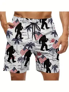 Men's Swim Trunks Beach Shorts, American Flag Bigfoot Elastic Waistband Soft Lightweight Design Swimming Shorts Quick Dry Outdoor Vacation Casual Sport Shorts Swimwear Shorts