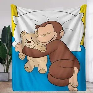 []Flannel Throw Blanket, 1pc, Curious George sleeping, suitable for bed, sofa, office, dormitory, car, for camping, nap, sleep, spread the table furniture dust-proof, Halloween gifts  Breathable, lightweight and soft