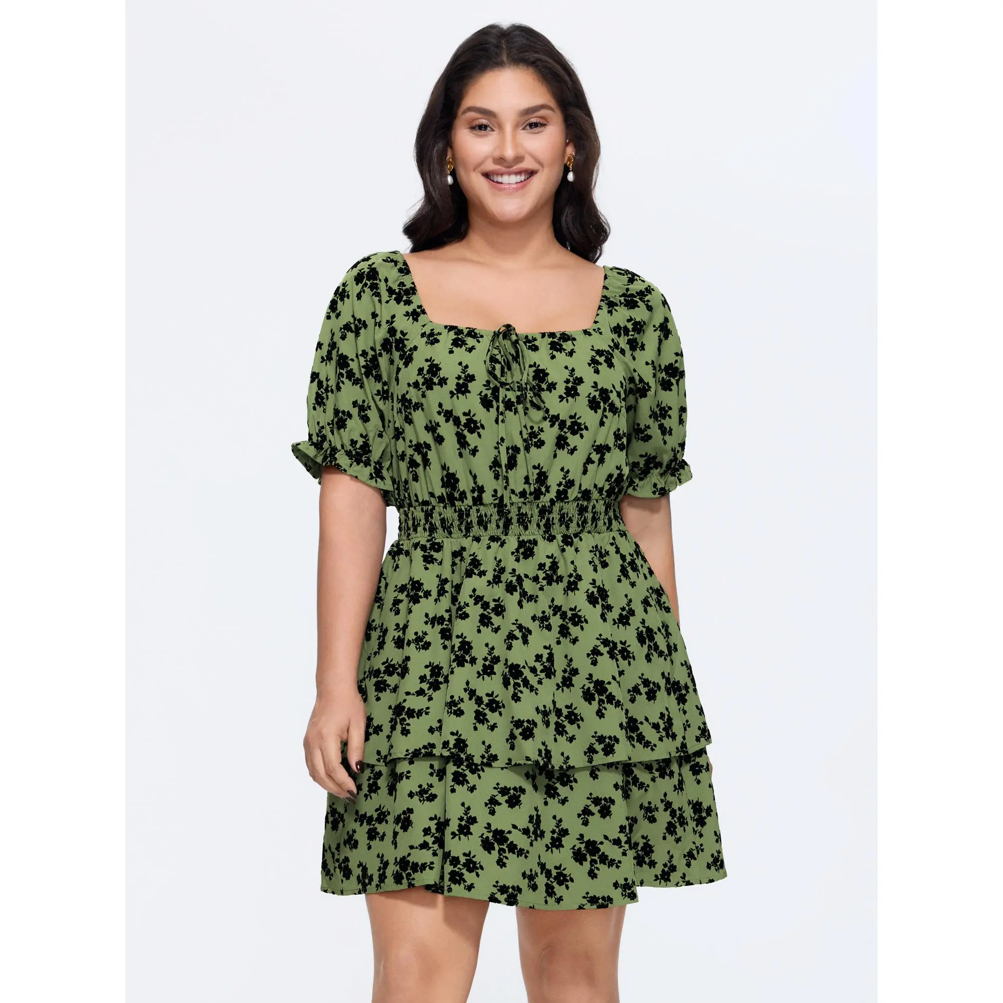 BloomChic Plus Size Casual Floral Mini Dress with Puff Short Sleeves and Smocked Waist, Polyester Fabric, Garment, Fit, Plus Size Casual Dresses, Cropped Cut, Floral Pattern, Shortsleeve, Curvy Dresses Plus Size