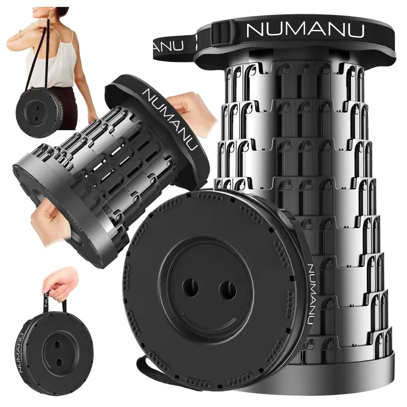 NUMANU Standard Round Adjustable Foldable Stool - 620lb Capacity, 18 in. Tall, 2.5 x 10 in. Size, 3in1 Cushion & Carry Bag, Ideal for Camping, Hiking, Construction Use