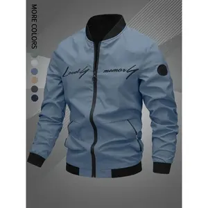 Men's Regular Fit Letter Embroidery Zip Up Bomber Jacket, Casual Long Sleeve Windproof Baseball Collar Outerwear for Fall & Winter, Men's Clothes for Daily Wear, Jackets for Men, Coat