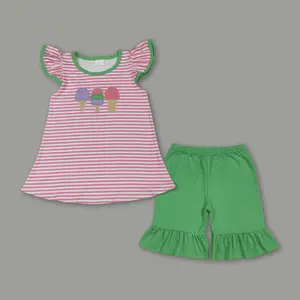 Ice Cream Stitch Toddler Girl Summer Outfit – Cute Embroidered Top + Shorts Set for Baby Girls