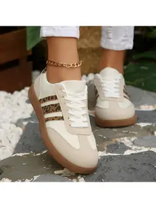 Women's 2.5cm Platform Leopard Print Sneakers, Black/Beige, Retro 3-Stripe Casual Shoes