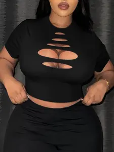 Lw Home Plus Size Hollow Out T-Shirt, Perfect for Home Wear, Ideal for Summer, Comfortable and Stylish, Trendy Fashion Top