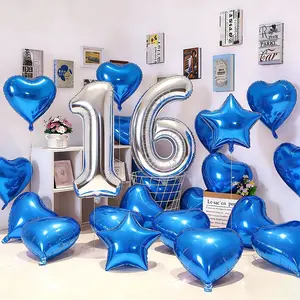 Silver numbered 16 aluminum foil balloons, paired with blue heart-shaped balloons and aluminum foil star balloons, measuring 25.4 centimeters, totaling 16 pieces, suitable for weddings, 16th birthday decorations, anniversaries, and graduation ceremonies