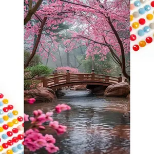 Cherry Blossom Bridge Pattern DIY Diamond Arts Acrylic Diamonds Colorful Vibrant Painting Kit without Frame, DIY 5D Diamond Arts Colorful Painting Kit, Wall Art Decor for Home