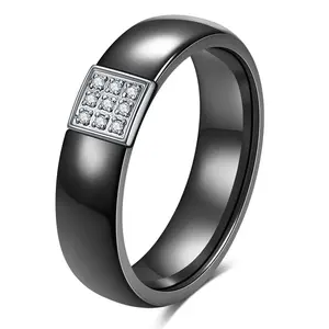 Ceramic Finger Ring,6MM Wide Band,Black White Zircon Inlaid,Nine Grid Geometric Design,Personality Creative Band,Minimalist Versatile Jewelry,Daily Casual Street Wear Accessory