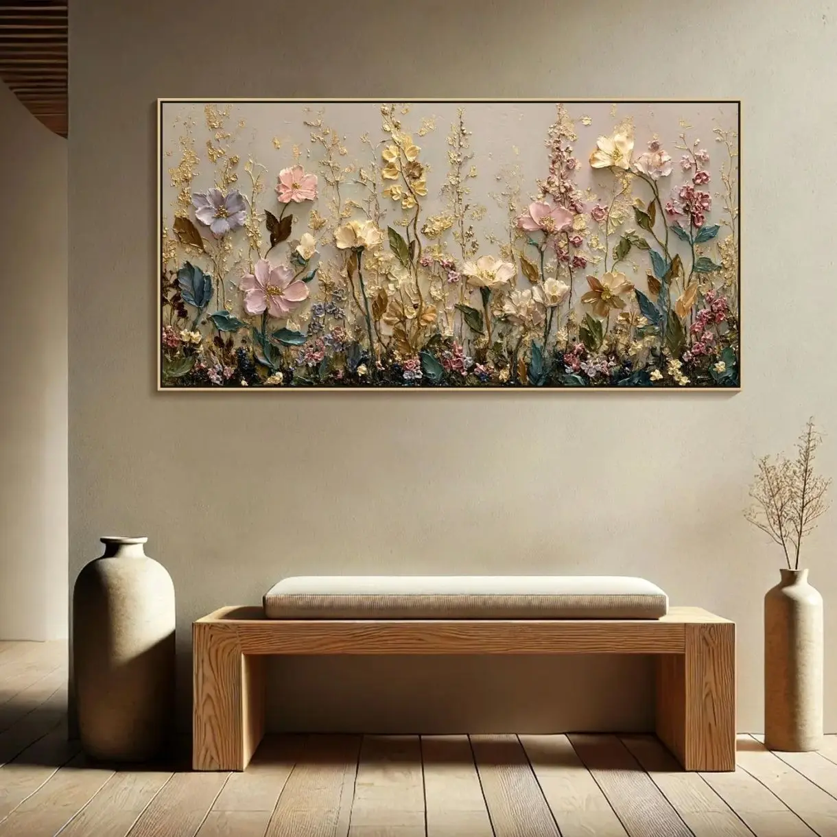 Vibrant Wildflower Canvas Art, 3D Textured Floral Painting, Modern Gold Leaf Wall Decor, Large Horizontal Living Room Artwork 0