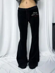 Women's Retro Velvet Letter Flared Pants, Low Waist Comfortable Long Trousers, Slim-Fitting Casual Streetwear for Daily Wear Womenswear
