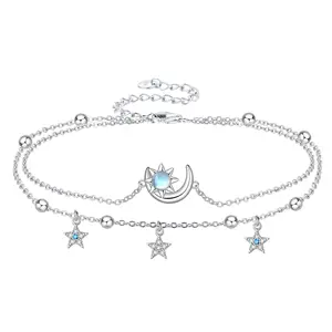 Moon Sun & Star Anklet with Moonstone,  925 Sterling Silver Double Layer Anklet, Feminine Energy Jewelry Gifts For Woman Girls Witches, Mother's Gift