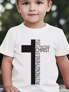 Toddler Christian T-Shirt - I Can Do All Things Through Christ Cross Graphic Tee for Kids, Short Sleeve Faith-Based Cotton Shirt