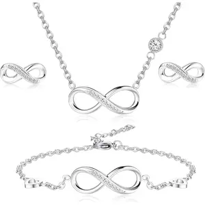FINREZIO 1 Pc Silvery Infinity Necklace Bracelet Earrings for Women Men Stainless Steel Jewelry Set with Shining Cubic Zirconia Inlaid Dainty Eternal Love Symbol Jewelry Minimalist Elegant Accessory for Daily Wear Dates Weddings Gift Giving