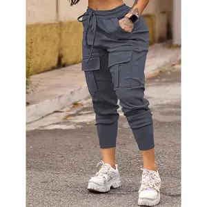 Solid Flap Pocket Jogger Cargo Pants, Casual Drawstring Pants For Spring & Fall, Women's Clothing