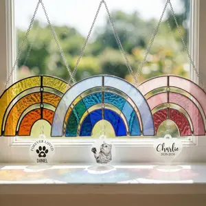 Personalized Rainbow Bridge Stained Glass SunCatcher, Custom Photo Pet Loss Gift, Pet Memorial Ornament, Dog Mom Gift, Pet Grave Markers, Pet Memorial Gift Box