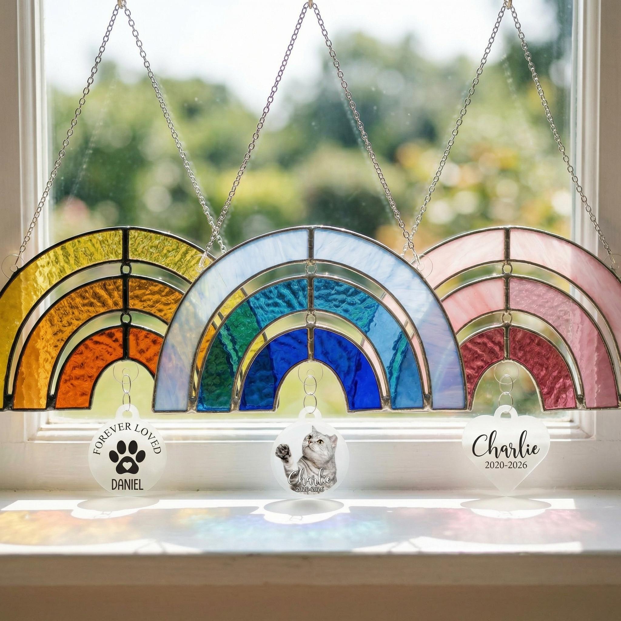 Personalized Rainbow Bridge Stained Glass SunCatcher, Custom Photo Pet Loss Gift, Pet Memorial Ornament, Dog Mom Gift, Pet Grave Markers, Pet Memorial Gift Box