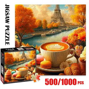 1pc 1000 piece adult puzzle 58x58cm Eiffel Tower View with Coffee, Pastries and Flowers 500 pieces of paper puzzle, suitable for adults and families, large-scale DIY puzzle interactive toy games,