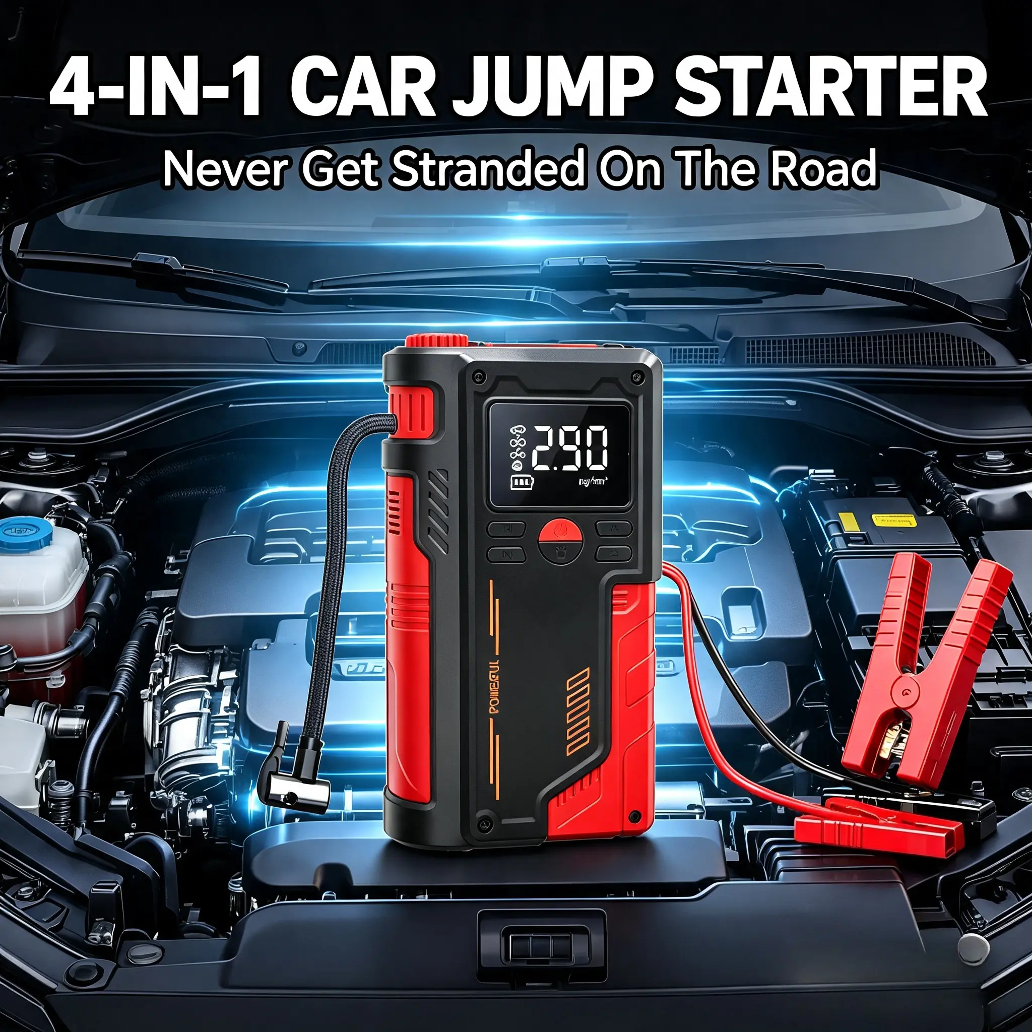 Portable Multi-Function ABS Plastic Car Jump Starter Emergency Escape Tool - 150 PSI Max Tire Inflator with Digital PSI Reader, LED Light for Car Roadside Help, Outdoor Breakdown Assistance