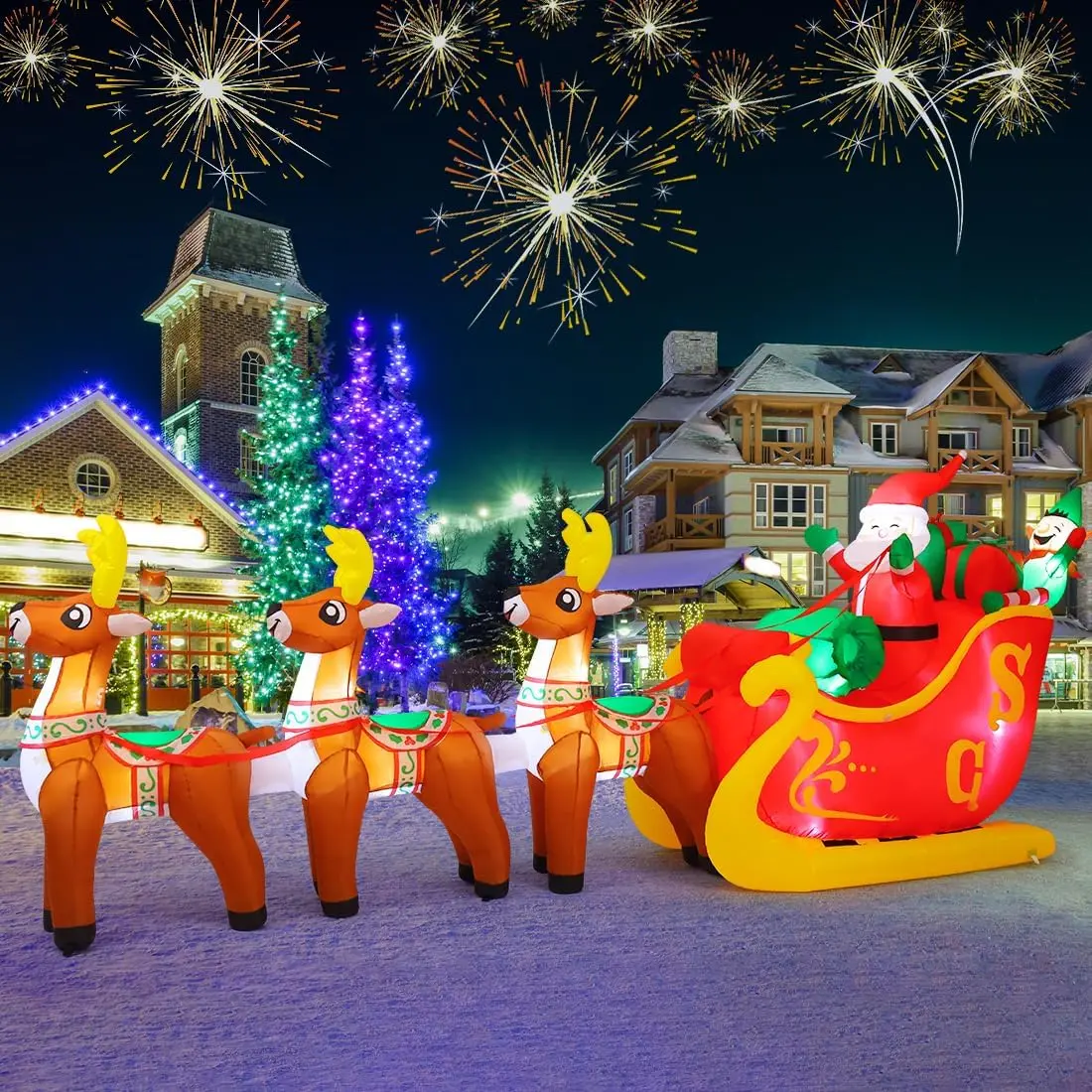 Inflatable Reindeer Pulling Sleigh with Santa Claus Decoration, Outdoor Christmas Yard Decor, Indoor Party Garden Lawn Ornament