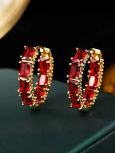 Luxury Geometric Hoop Earrings - Red Synthetic Zirconia Earrings for Women & Girls Holiday Party Engagement, Perfect for Wedding Jewelry, Daily Wear Anniversary Gift