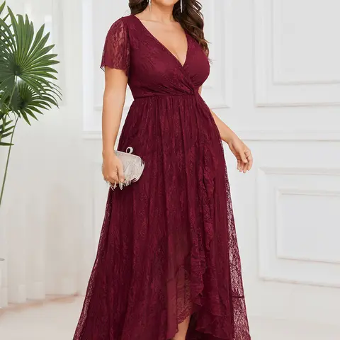 Ever-Pretty Women's Basic Padded Elegant Minimalist Short-Sleeve V-Neck Ruffled Lace Pleated Mom of the Bride Formal Wear Dress with Zipper for Formal Evening Occasions 01489