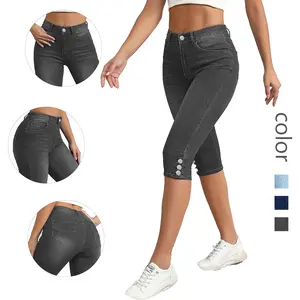 Women's Plus Size High Waist Denim Capri Pants with Button Detail