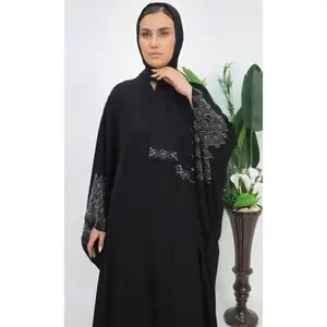 Women's Modest Abayas - Midnight Black Butterfly Abaya with Crystal Accents and Matching Hijab