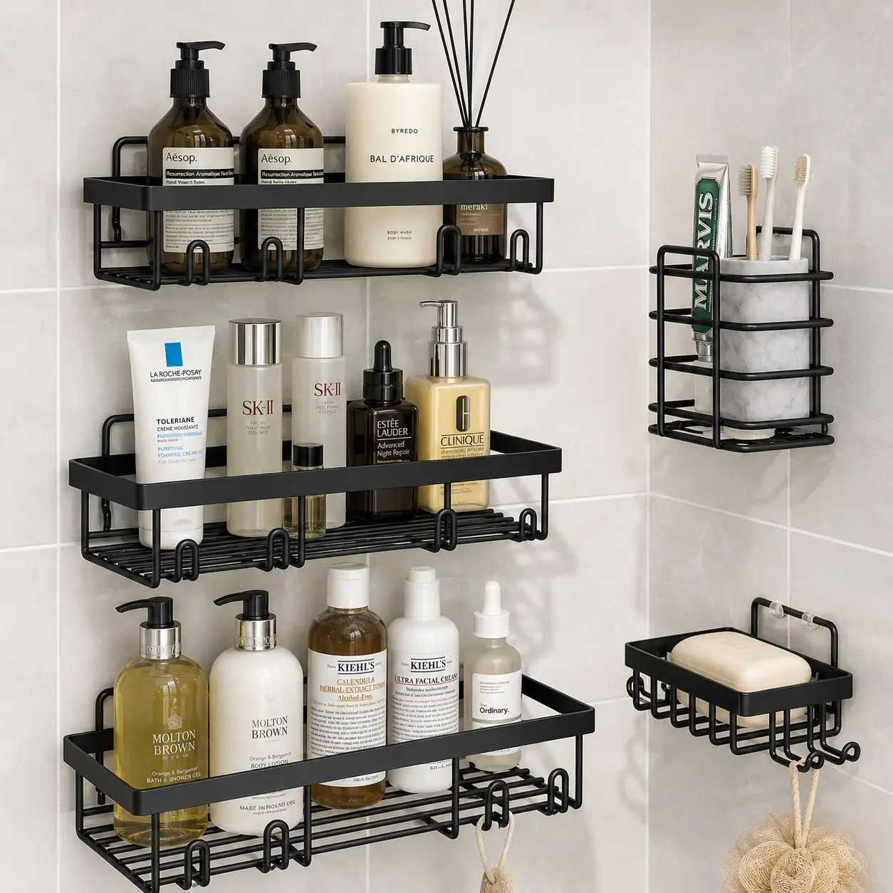 【DealsForYouDays】Bathroom Storage: 5-Piece Corner Shower Caddy Set – Drill-Free Stainless Steel Shower Organizer with Hooks and Toothpaste Holder (Black)