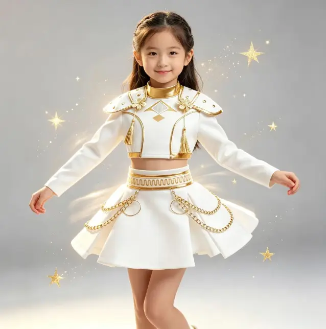 Girls' Cosplay Costume, Trending White and Gold Performance Outfit, Complete Set with Shoulder Patches & Decorative Chains for Stage Shows & Parties, Costumes, Clothes, Accessories, Dress Up Costume, Cosplay Outfit