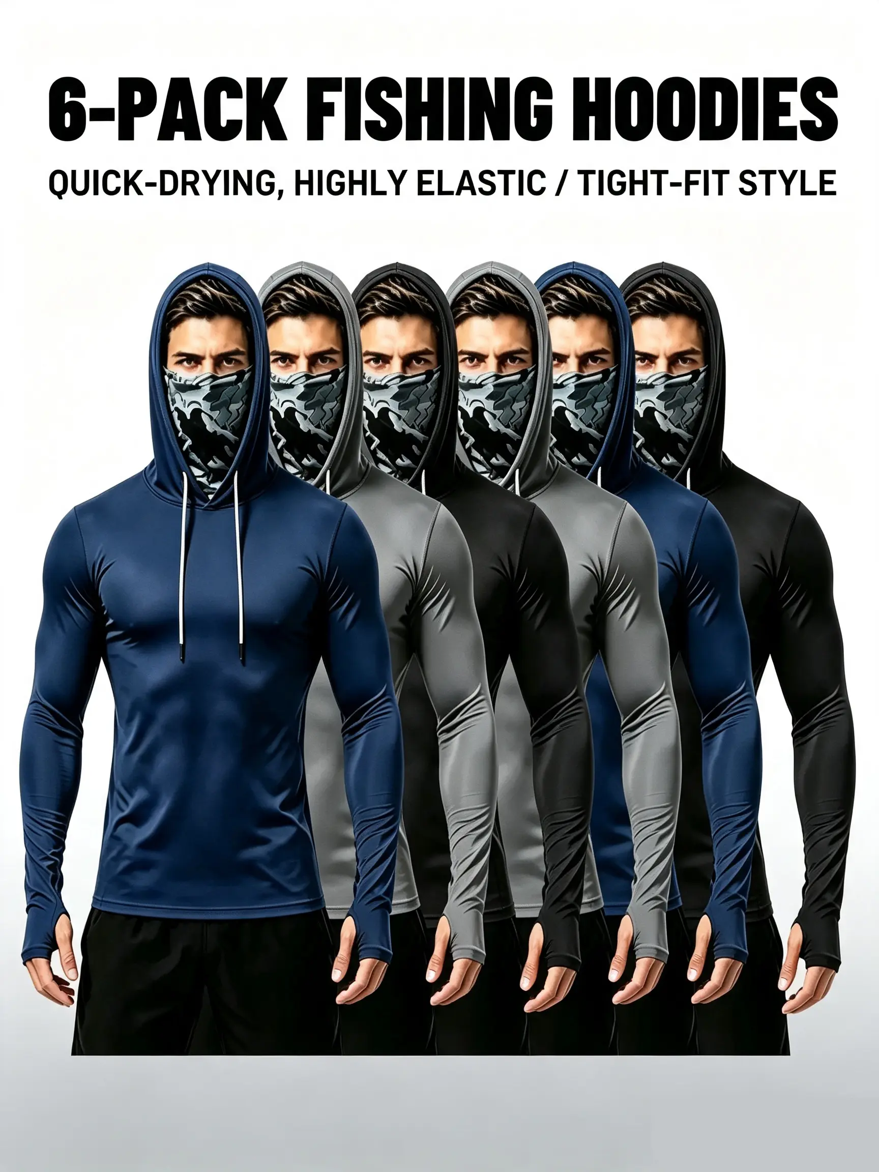 Men's 6-Pack Plain All-Season Polyester Sun Protection Long Sleeve Hooded Shirts - 4-Way Stretch Quick Dry Compression Fit Work Shirts with Built-in Face Mask & Neck Gaiter, UV Protection for Fishing, Outdoor Work