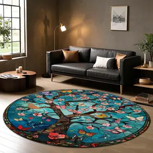Round Art Tree & Bird Pattern Floor Mat, Fashionable Non-slip Floor Carpet, Decorative Area Rug, Boho Floral Rug for Home Living Room Bedroom Hotel