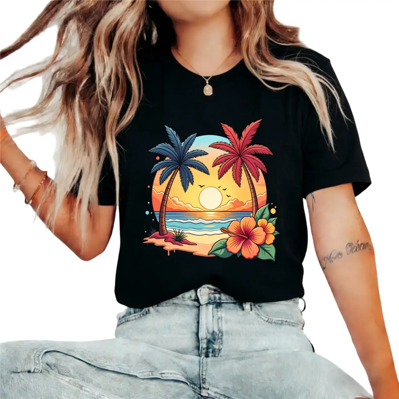 100%, Women'S Round Neck T-Shirt, Spring Summer Women'S Clothing, Tropical Palm Tree Sunset Hibiscus Flower Beach Scene Print, a Stylish And Casual Choice, Fun Prints,